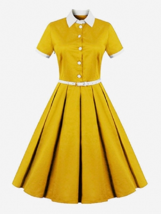 Ženska Vintage Žuta Retro Haljina Kratkih Rukava S Remenom U Stilu Audrey Hepburn Iz 1950-ih