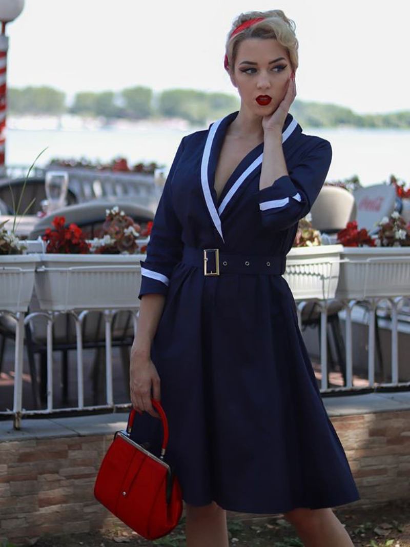 Ženske Vintage Haljine 1950-ih U Stilu Audrey Hepburn Tamnoplava Dvobojna Midi Haljina S Pojasom Dugih Rukava I V Izrezom