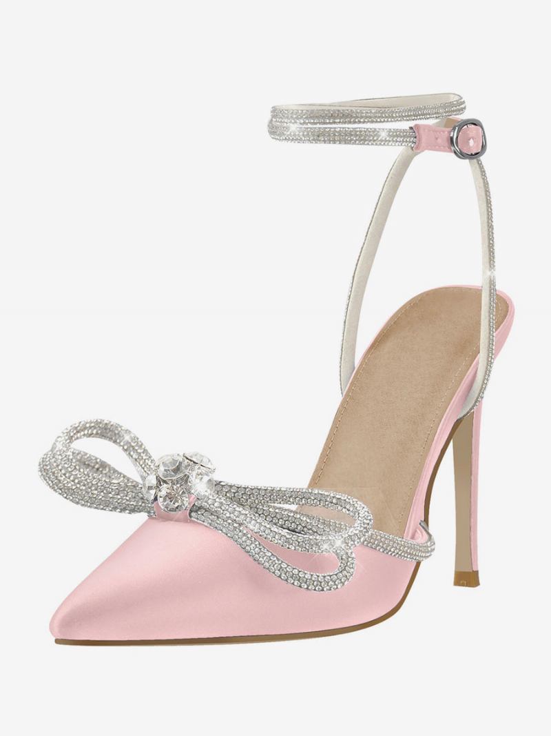 Ženske Cipele Za Zabavu Na Visoku Petu Satenski Šiljati Vrhovi Sa Vještim Dijamantima Mašna Stiletto Sandale Maturalnu Remenčić Gležnjeve - Magenta